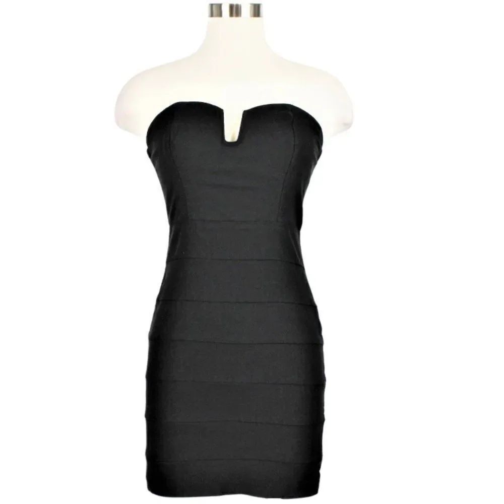 Mini Bodycon Dress Black Strapless Padded Bodice Front Boning Women's Size Med